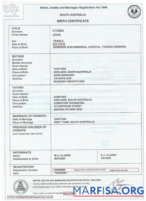 Printable Australia South Australia birth certificate sample